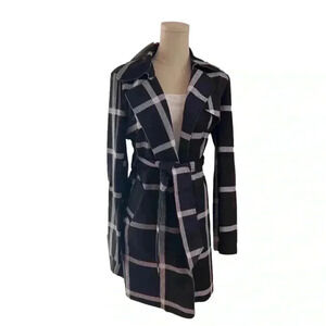 Solitaire Faux Suede Plaid Black White Trench Coat Belted Jacket Size Large NWT